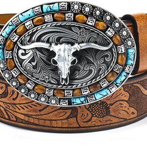 Western PU-Leather Cowboy Buckle Belt for Men and Women Jeans Engraved Floral Lo